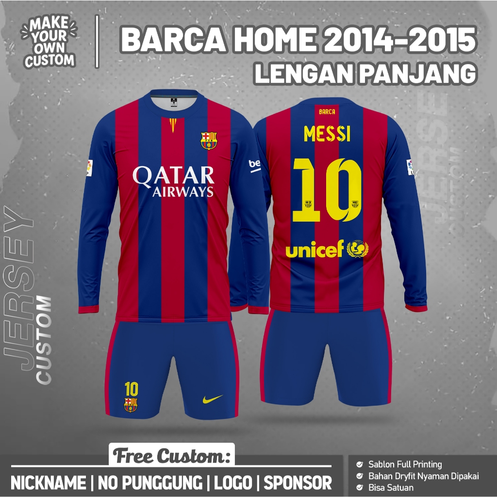 Baju Bola Lengan Panjang Barca Home 2014 - 2015 Jersey Free Custom Nama dan Nomor Punggung