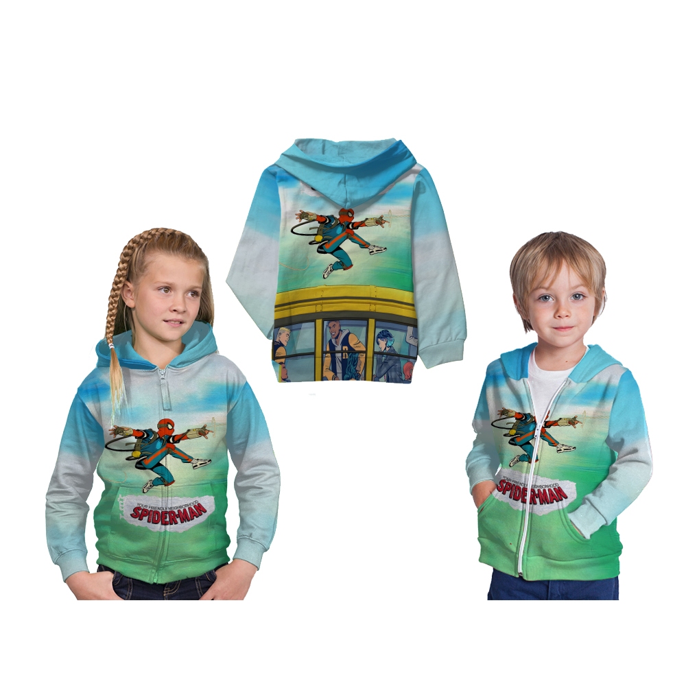 Jaket Hoodie Anak Animasi Karakter Superhero Your Friendly Neighborhood Spider-man Full Printing Fre