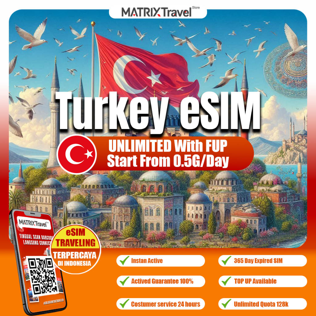 MatrixTravel Turkey E-SIM Unlimited with FUP  Internet 4G LTE, Tanpa Roaming, Digital, Instan, Cocok