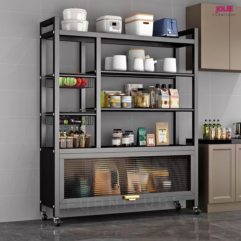 JOLEE Kabinet Piring Makanan Hitam Rak Dapur Stainless Steel Meja Dapur Rak Makanan