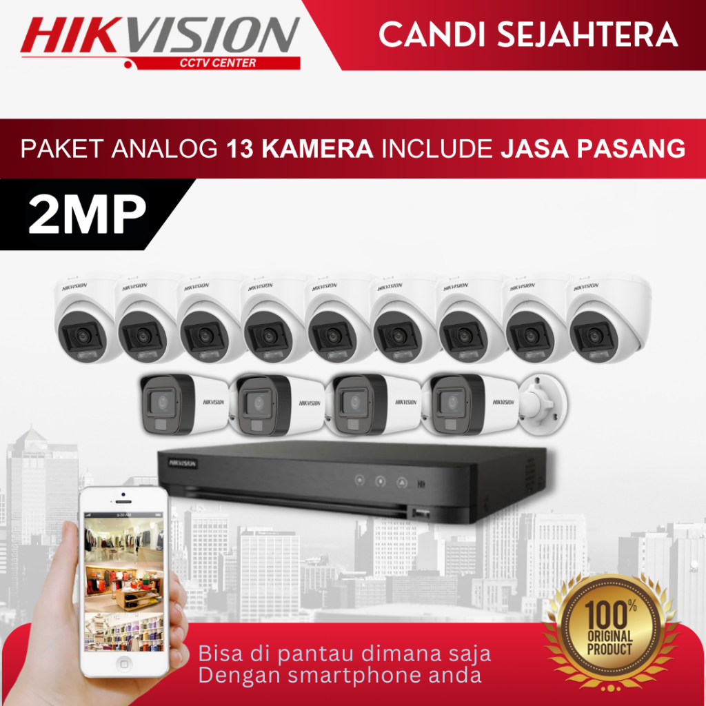 PAKET CCTV HIKVISION 2MP 13 KAMERA + INSTALASI & ONLINE DI HP