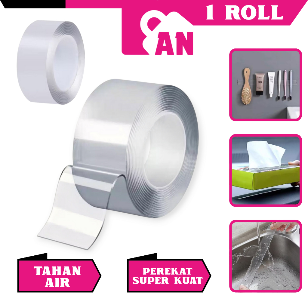 

1ROLL Isolasi Double Tape Bening Nano Selotip 2 Sisi Perekat Solasi Tempelan Lem Dinding Serbaguna A028