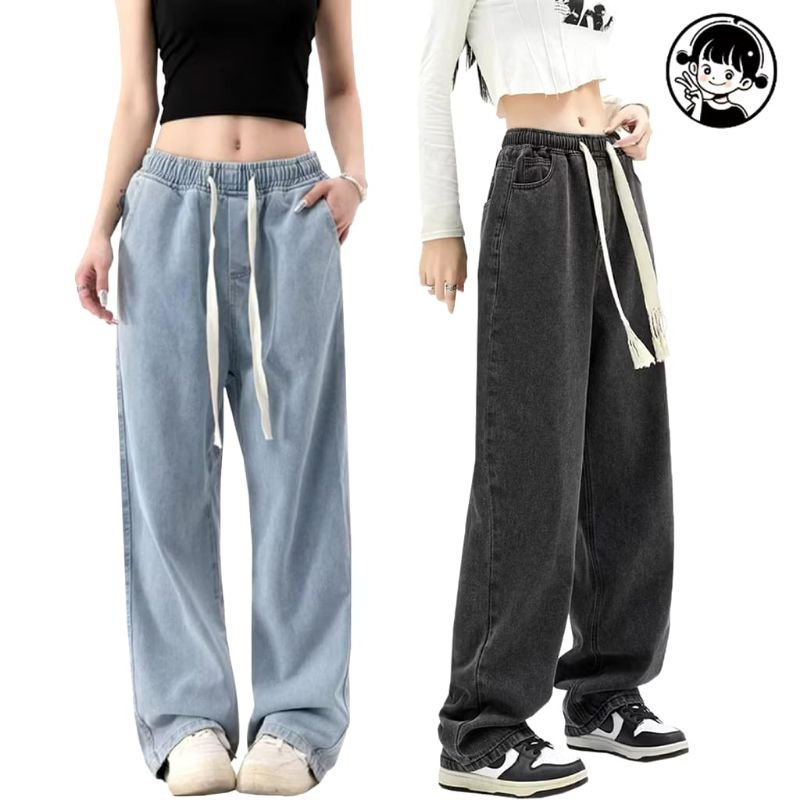 Celana Jeans Wanita Korean Style Celana Jeans Pinggang Karet Celana Oversize Wanita
