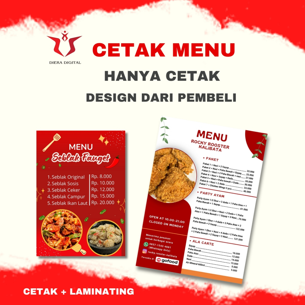 

Diera Digital Cetak Daftar Menu A6, A5,A4 + Laminating Design Dari Pembeli