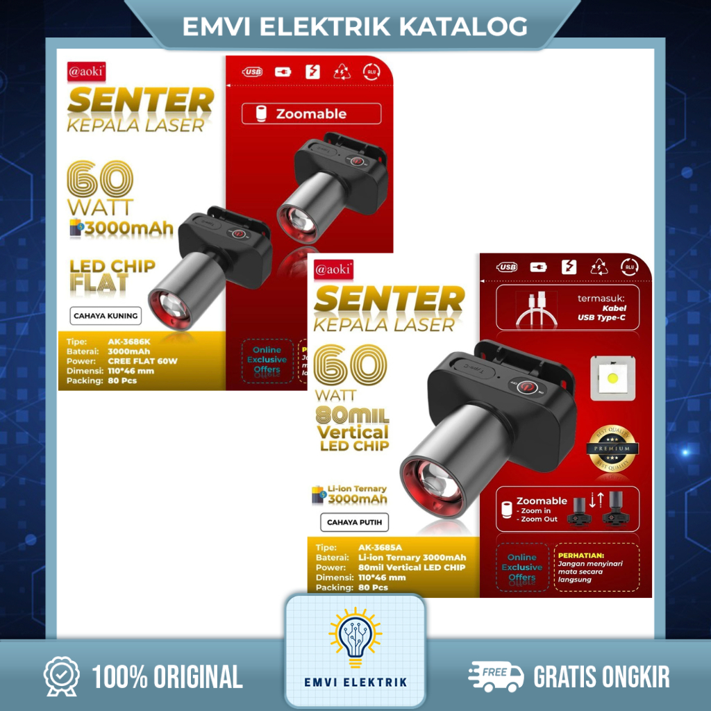 AOKI Senter Kepala Zoom 60 Watt SUPER TERANG