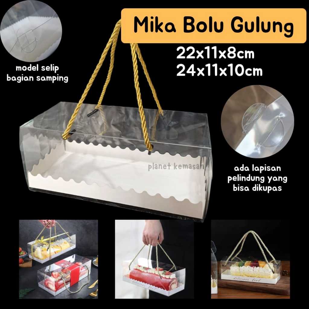 Mika bolu gulung mika swiss roll cake 24x11x10 22x11x8 mika tali dan tray putih mika untuk bolu gulu