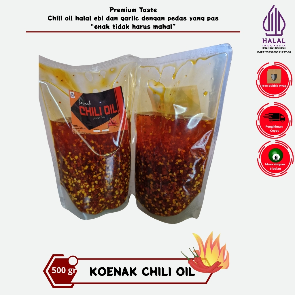 

Chili Koenak HALAL MUI Kemasan 500 gram, chili oil halal pedas sudah ada rasa ebi garlic gurih asin dan lezat yang menjadikan hidangan anda semakin enak