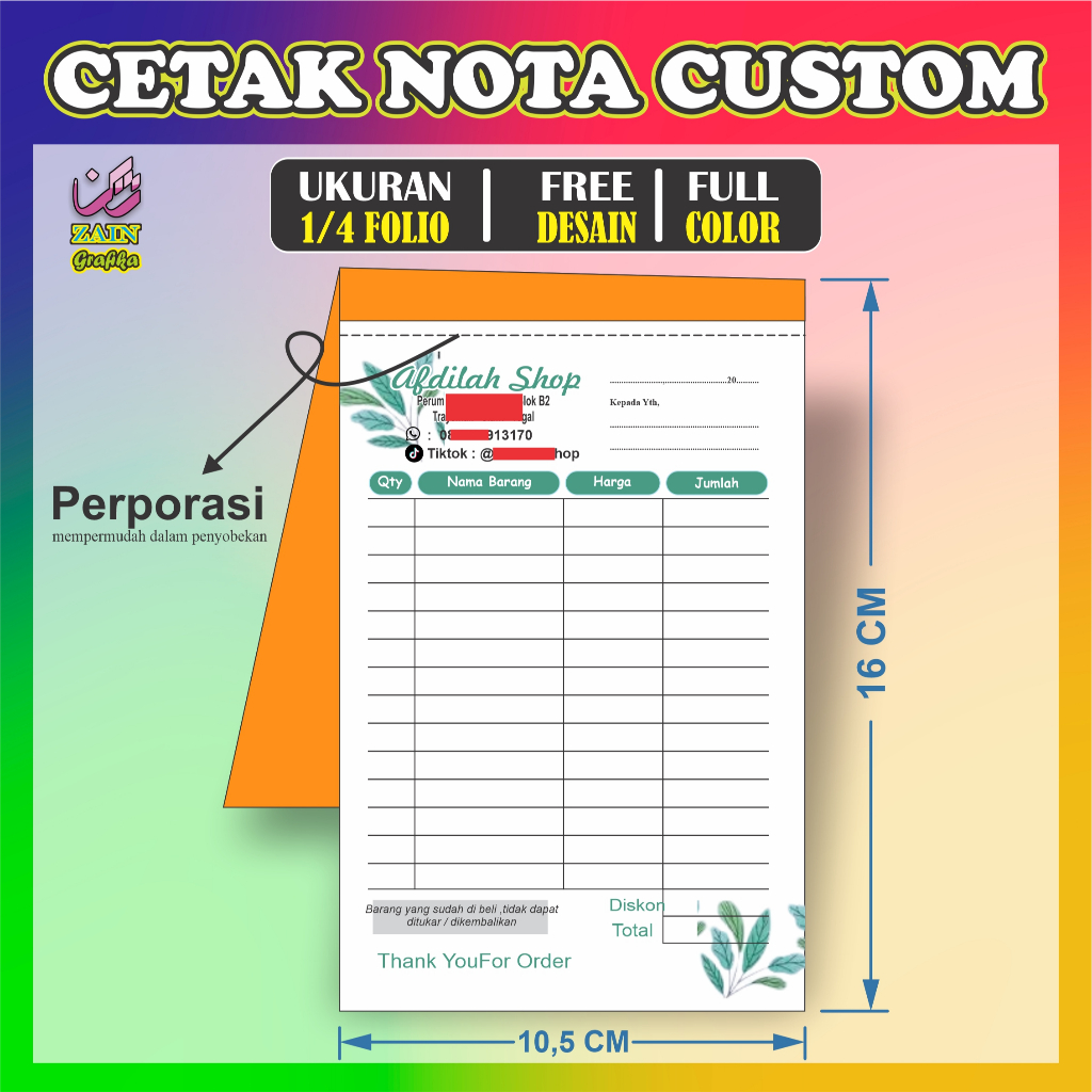 

cetak nota 1/4 folio custom desain full warna, invoice, surat jalan, faktur, kwitansi