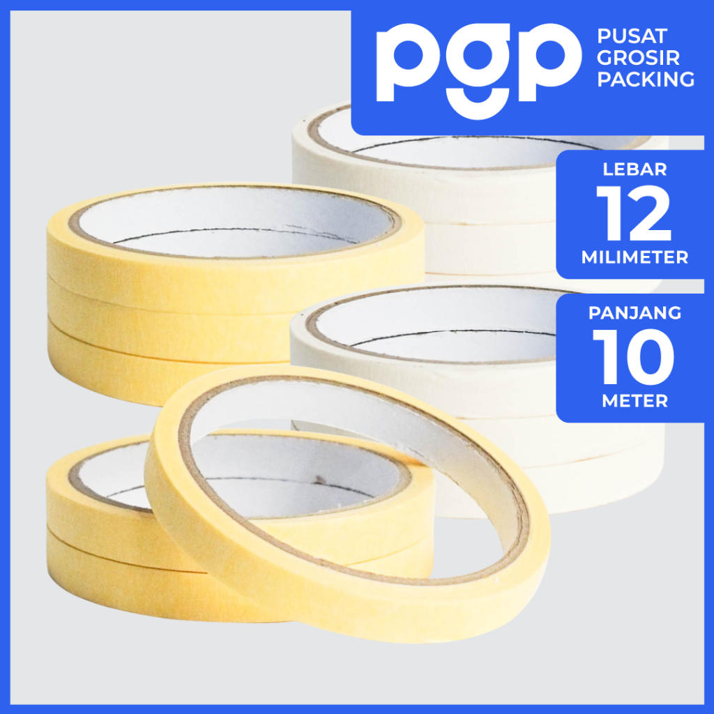 Lakban Kertas / Masking Tape Cream / Kuning 12mm x 10 Meter | 1 Slop Isi 12 Pcs/Roll | Lakban Murah 