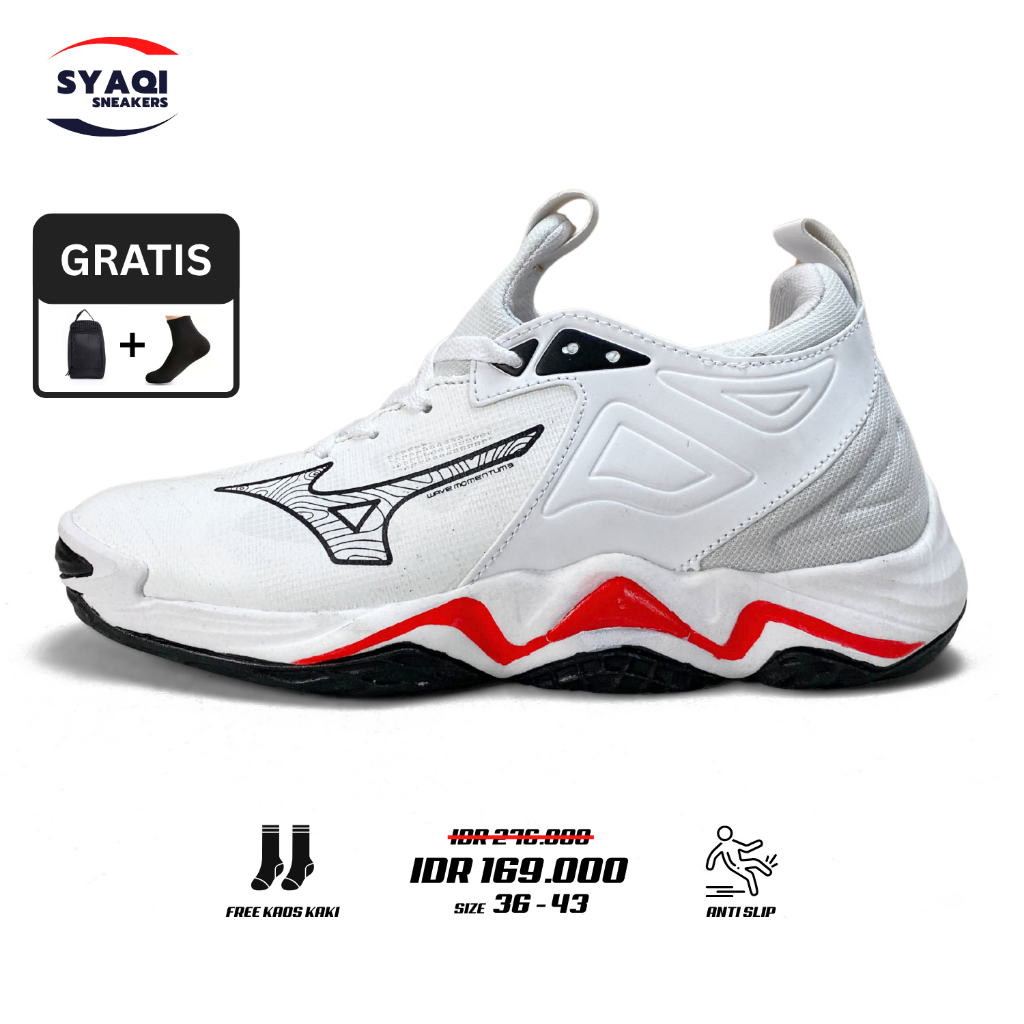 Syaqi Sneakers - Sepatu pria olahraga volly premium quality VOLLY MIZUNO MOMENTUM3 LOW Putih Hitam