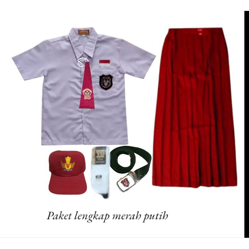 setelan seragam SD merah putih cewek baju lengan pendek rok panjang