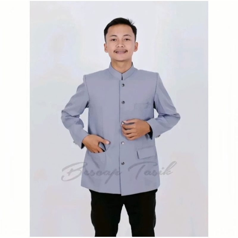 Jas Koko Abu Muda Polos Model Saku Tutup Jas Atasan Muslim Pria Jas Koko Bescap Tasik Jas Koko Polos
