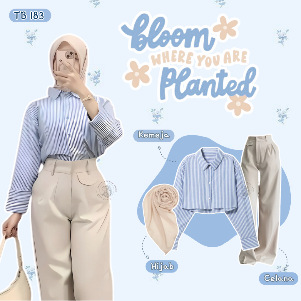 Style Avenue Town - Setelan Baju Wanita Hijab 3 In 1 (Kemeja Crop Salur + Celana Oro Pant + Hijab) O