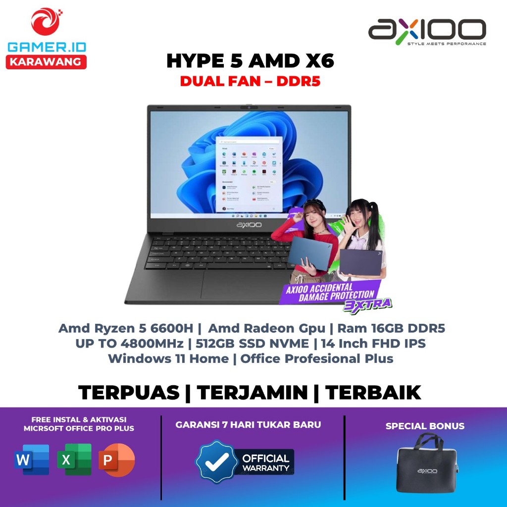 Laptop Axioo Hype 5 Amd X6 Amd Ryzen 5 6600H 16GB SSD 512GB Win11 OFFICE 14 Inch FHD IPS