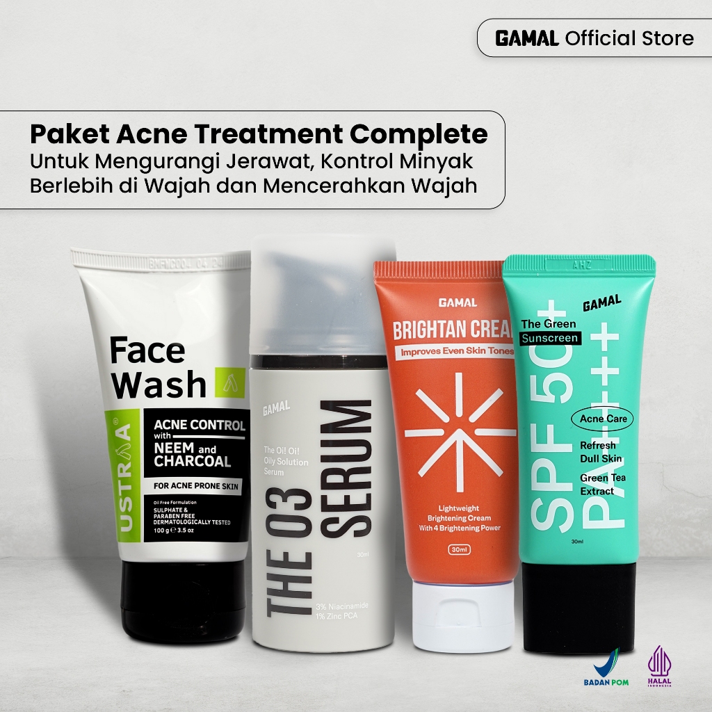GAMAL | Paket Acne Treatment Complete | Ustraa Facewash Neem + The O3 Serum + The Greeen Sunscreen +