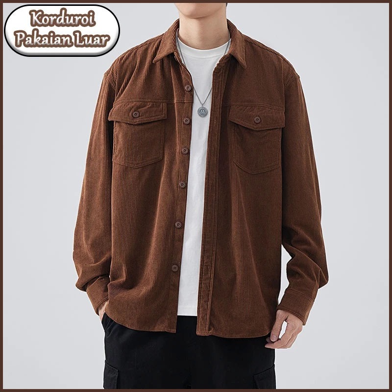Corduroy Shirt Solid Color Casual Men's Shirt Fashion and leisure Gaya retro jalan Corduroy Shirt NE