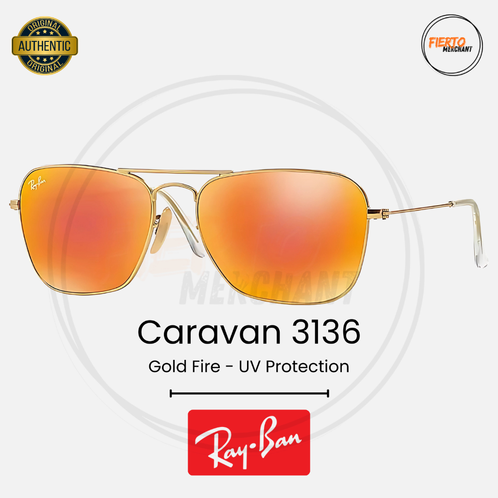 Kacamata Rayban Caravan 3136 Ori/Original Gold Fire Sunglasses Anti UV Protection