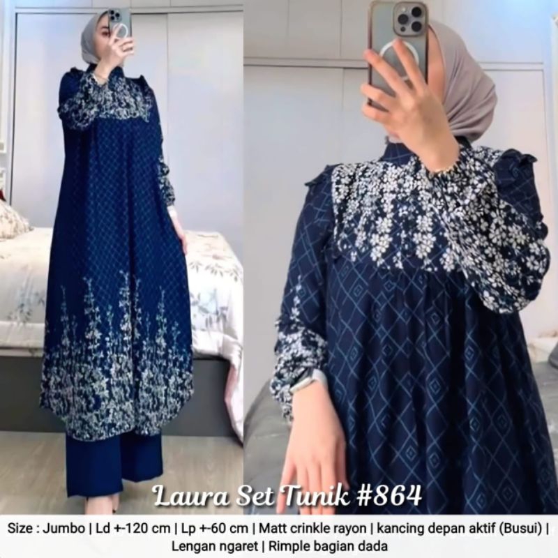 SETELAN TUNIK LAURA CRINKLE MIX RAYON ELVA RICHA TERLARIS SUPER MEWAH BEST SELLER/TUNIK WANITA IMPOR