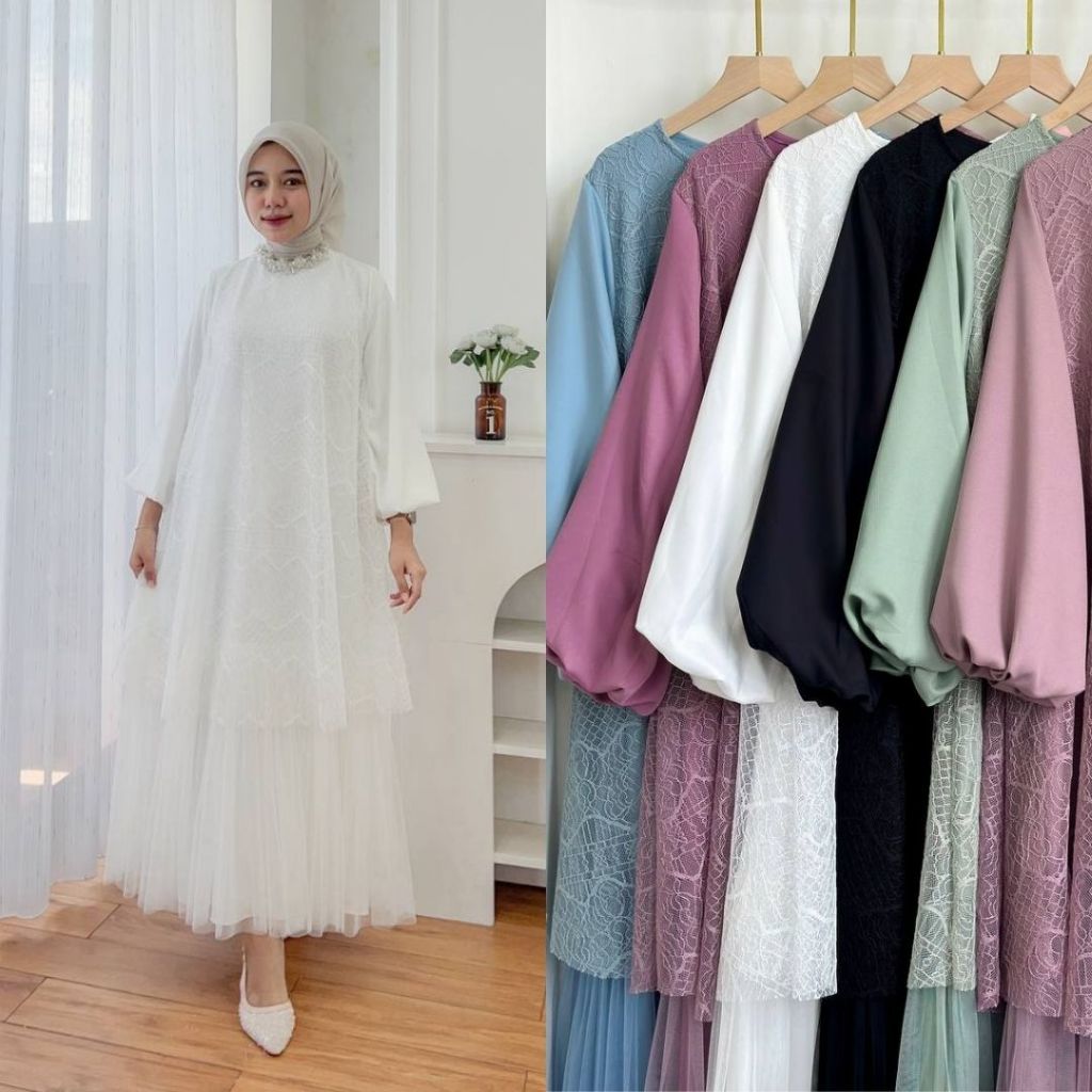 NEW RAFILLA DRESS BRUKAT - Dress Pesta Brukat Mewah Lengan Balon Wanita Muslimah Terbaru
