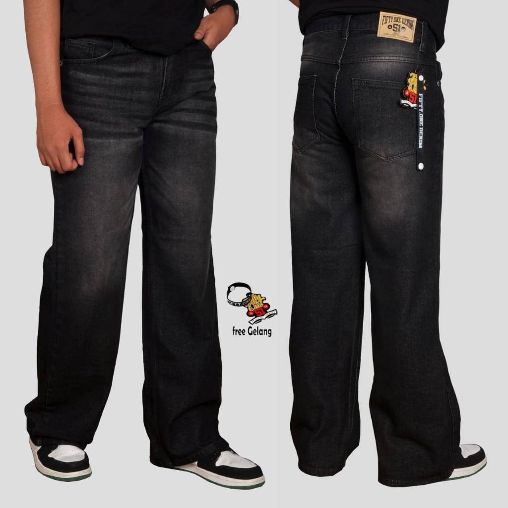 FIFTYONE51 TERLARIS Celana Pria Jeans Panjang GOMBRANG Celana Jeans Standar warna Black Jazz Scrup C