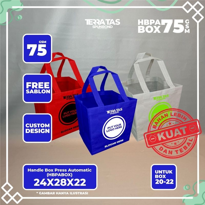 

Custom Sablon HBPA Box 75 GSM 24x28x22 Untuk Box 20-22 Tas Spunbond Souvenir Kotak Makan