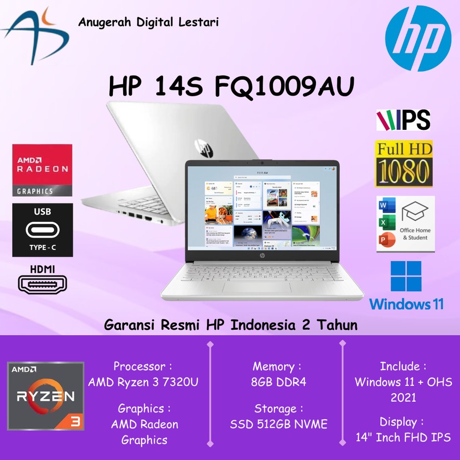 HP 14s FQ1009AU Ryzen 3-5300U 8GB SSD 512GB 14"FHD IPS W11 OHS