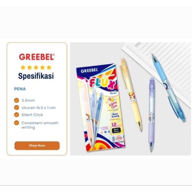 

Pulpen Gel Pena Cetekan Greebel Flux 0.5mm Hitam Isi 12 Pcs/Kotak