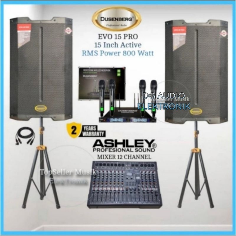 Paket Sound System Speaker Aktif 15" Inch Dusenberg Evo 15 Pro Rms 800 Watt Original Mixer Ashley 12