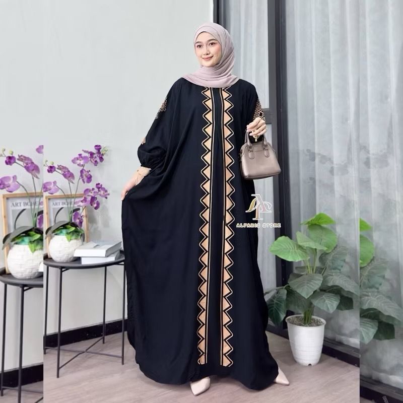 Gamis Kaftan Jumbo Motif Maimunah Kain Rayon Premium Busui Friendly Terbaru 2025