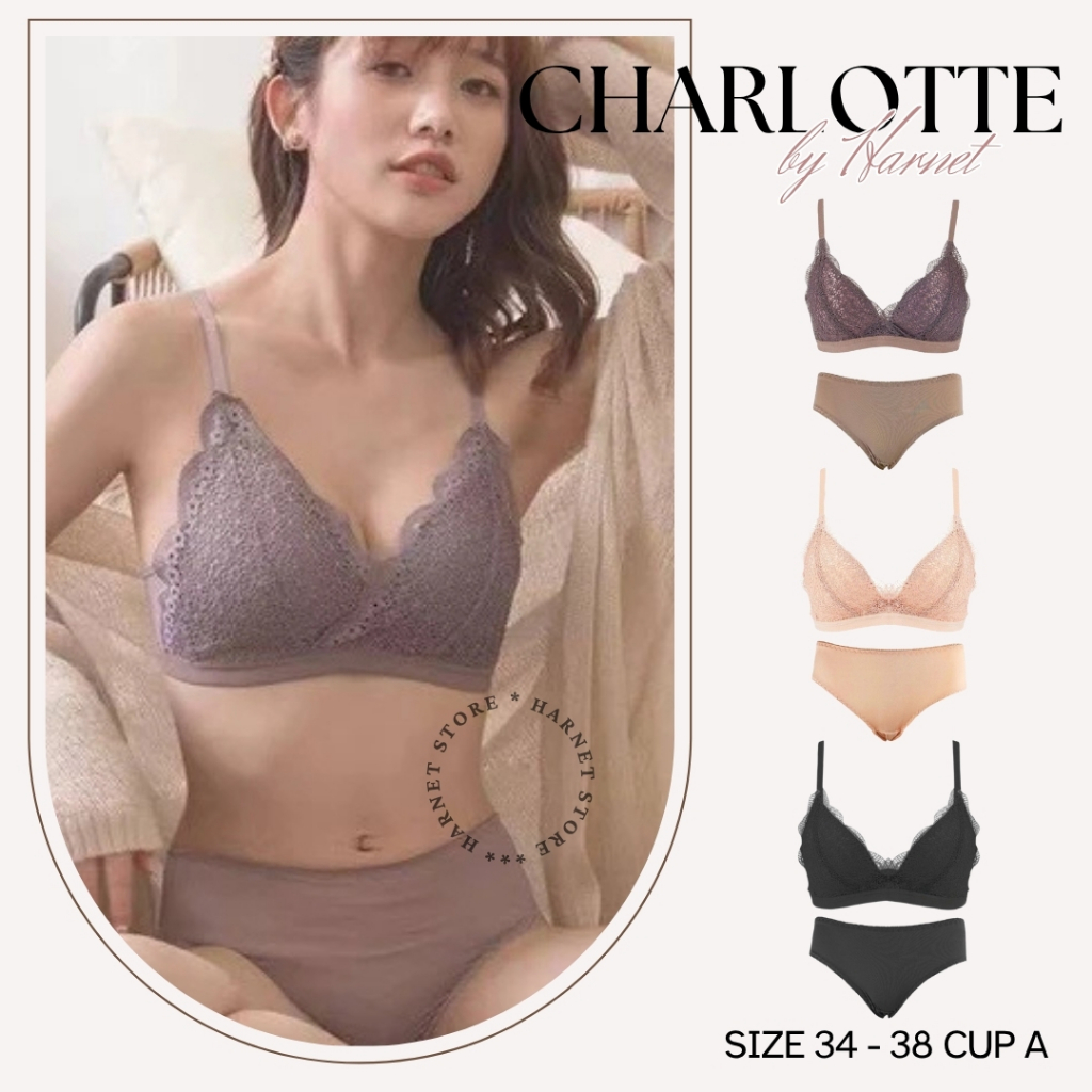 CHARLOTTE Bra Set Bh Braa Bha Setelan Renda Brukat Push Up Tanpa Kawat Cup AB Size 34-38 - HARNET
