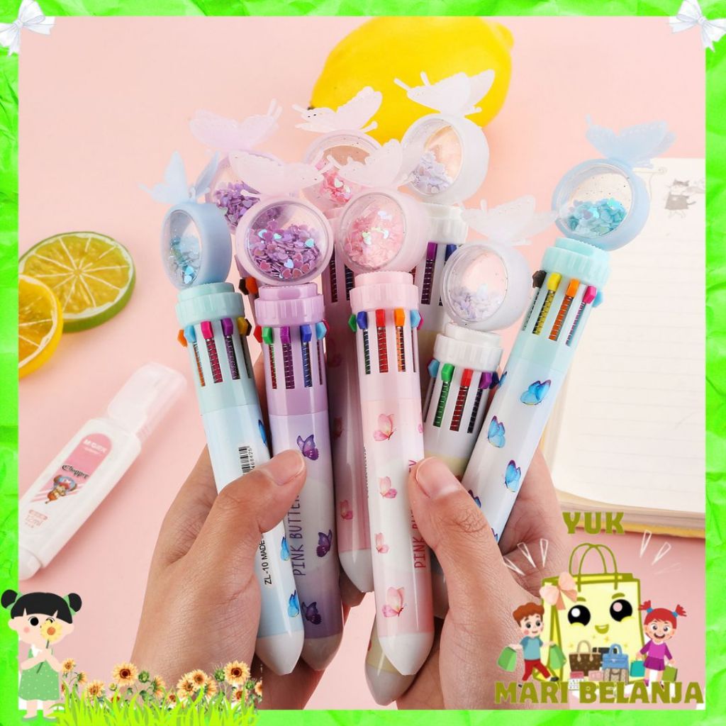

YMB Pulpen Gliter Motif Kupu-Kupu Pulpen 10 Warna Aesthetic Pena Ballpoint Karakter Lucu