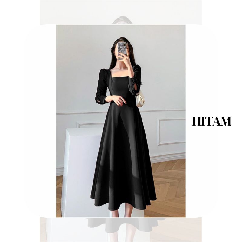 RARASHOPHOLIC - Dress Ranita Polos midi dress gaun selutut lengan panjang moscrepe