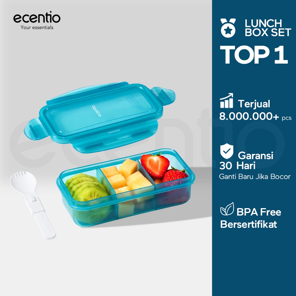 ecentio food container 420ml 3 gird anak kotak makan anti tumpah free sendok BPA Free