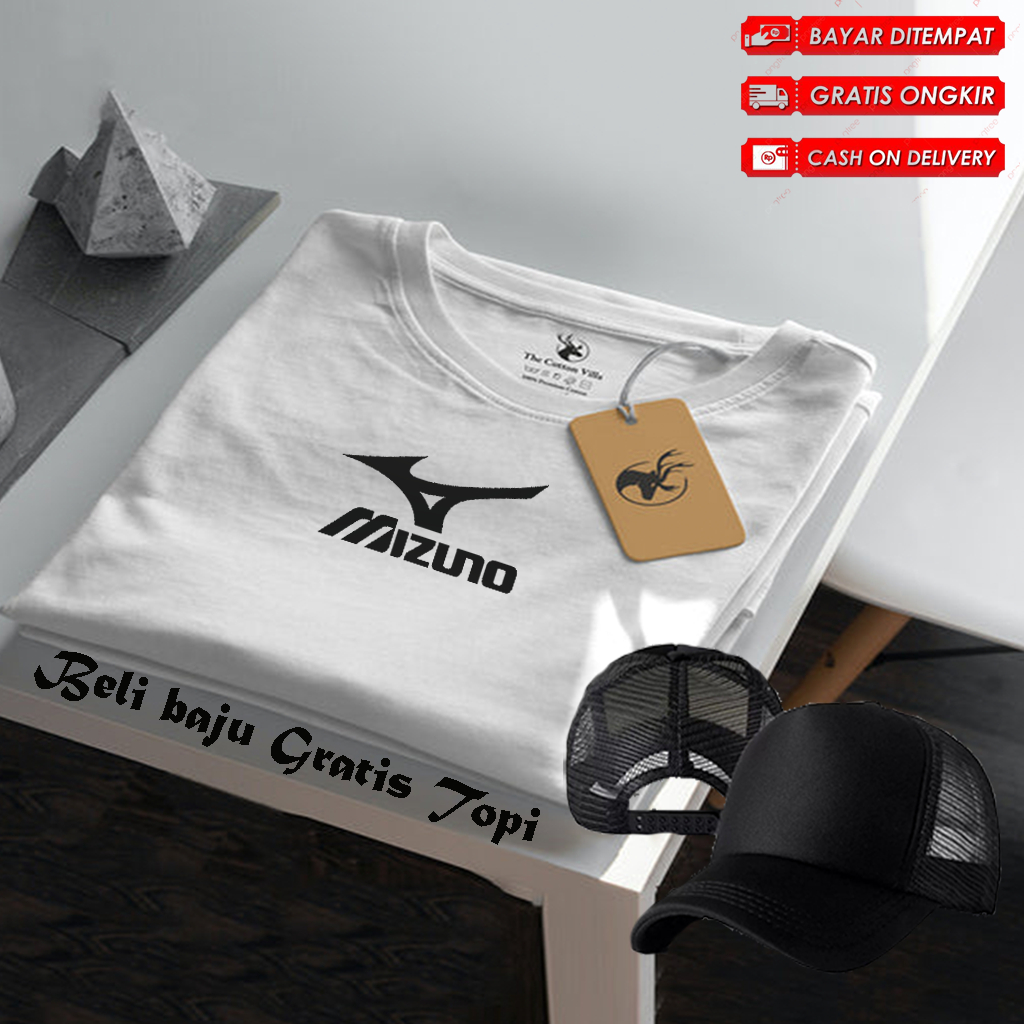 Bonus Topi Polos ... Baju Kaos Distro Logo Mizuno Text Hitam Lengan Pendek Premium Quality