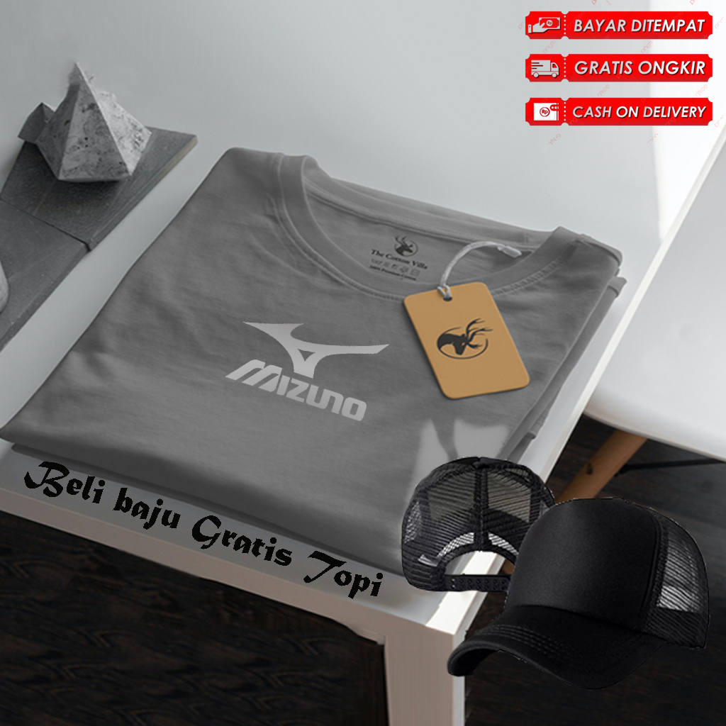 Bonus Topi Polos ... Baju Kaos Distro Logo Mizuno Text Silver Lengan Pendek Premium Quality