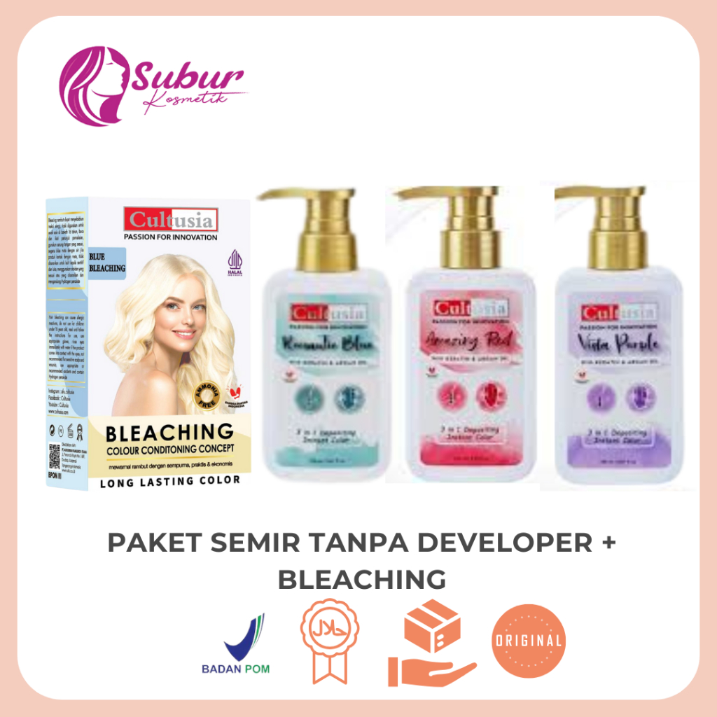 Cultusia Paket Semir Rambut Tanpa Developer (3 In 1 Depositing Instant Color) 150ml & Bleaching 30ml