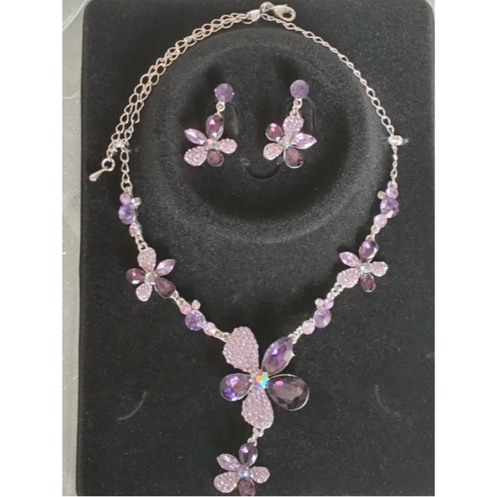 Bridal Set Necklace Rhinestone With Earring Warna Ungu - Kalung Wanita Dengan Anting
