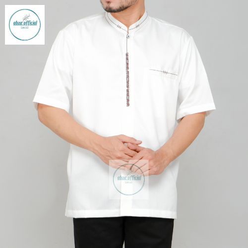 Baju Koko Muslim Bahan Katun Toyobo Bordir Lengan Pendek Ukuran M L XL XXL 3XL - Putih Tulang Baju K
