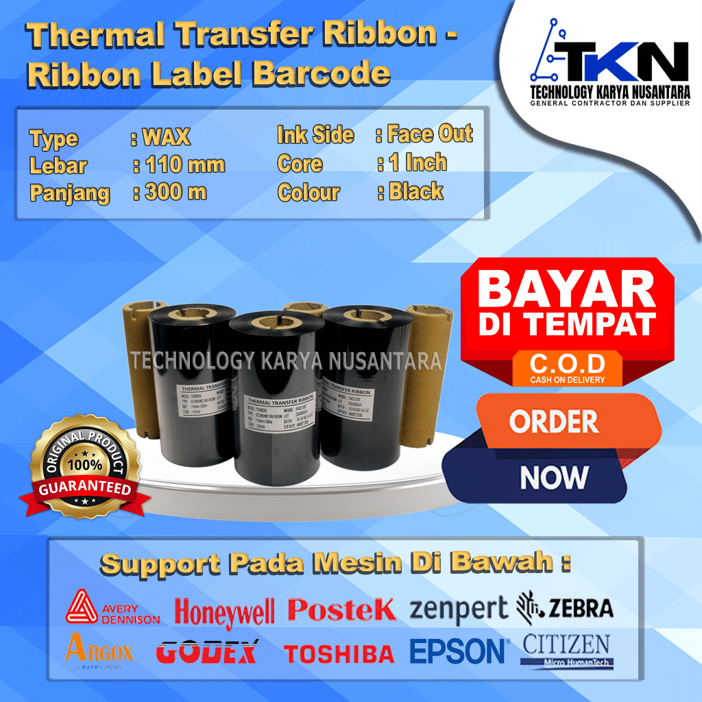 Ribbon Barcode Label Wax Ukuran 110mm x 300m / pita barcode 110x300 Black