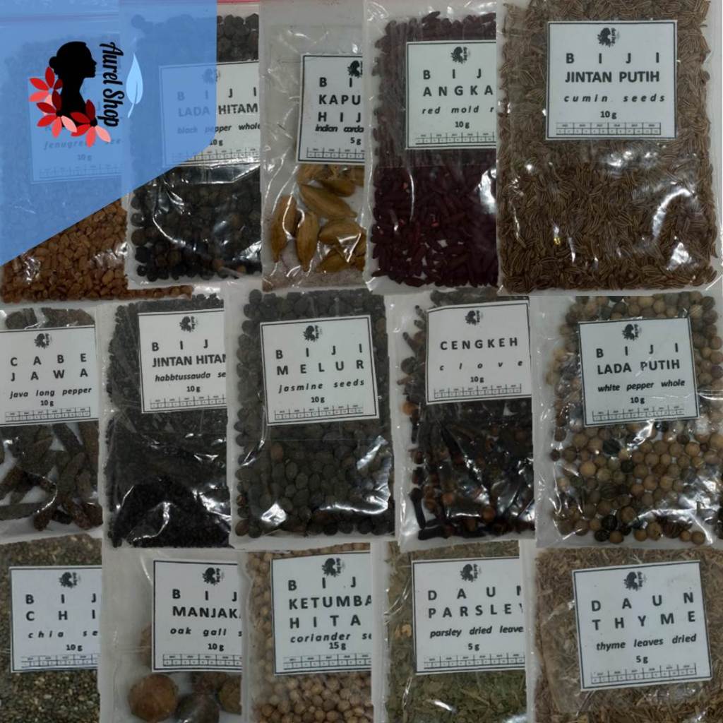 

Bumbu Dapur Sachet Chiaseeds/ Manjakani/ Ketumbar/ Parsley/ Thyme/ Cabe Jawa/ Jintan Hitam/ Melur/ Cengkeh/ Lada Putih/ Klabet/ Lada Hitam/ Kapulaga Hijau/ Angkak/ Wijen/ Jintan Putih/ Pekak / Bayleaf/ Selasih / Adas / Kapulaga Putih / Kaskas / Kayu Manis