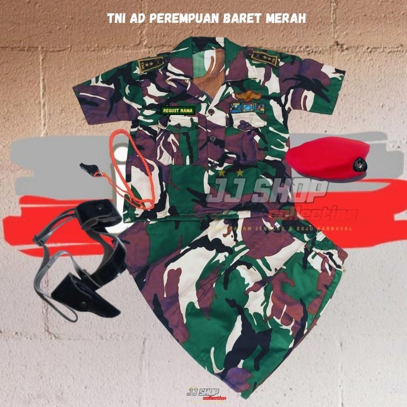 Baju TNI AD putri anak Tk-SD BARET MERAH  baju karnaval doreng anak cewek baju karnaval cewek doreng