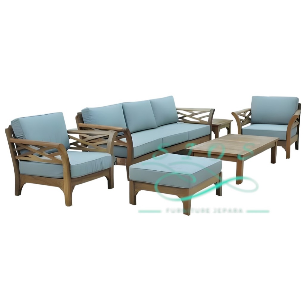 SET KURSI TAMU OUTDOOR KAYU JATI PLUS BANTALAN ABU