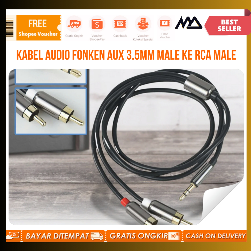 FONKEN Kabel Audio AUX 3.5mm Male to RCA Male 115cm kabel audio aux  voucher shopee pay