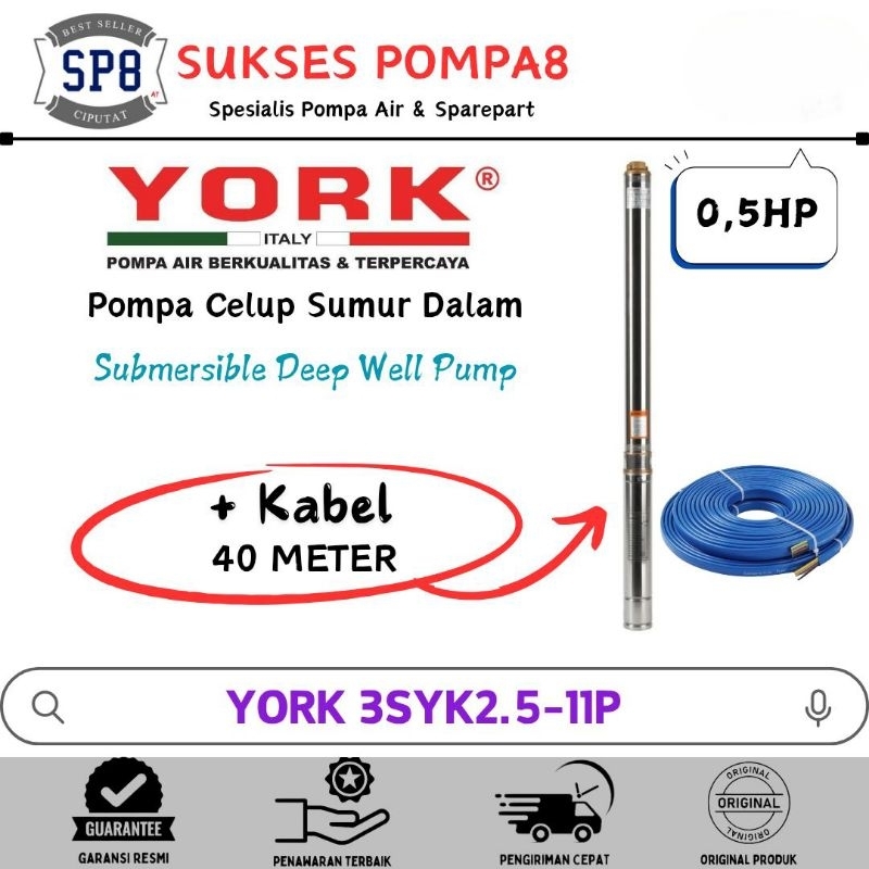Submersible Pump YORK 0,5HP 3" 3SYK2.5 -11P + Kabel / Pompa Satelit