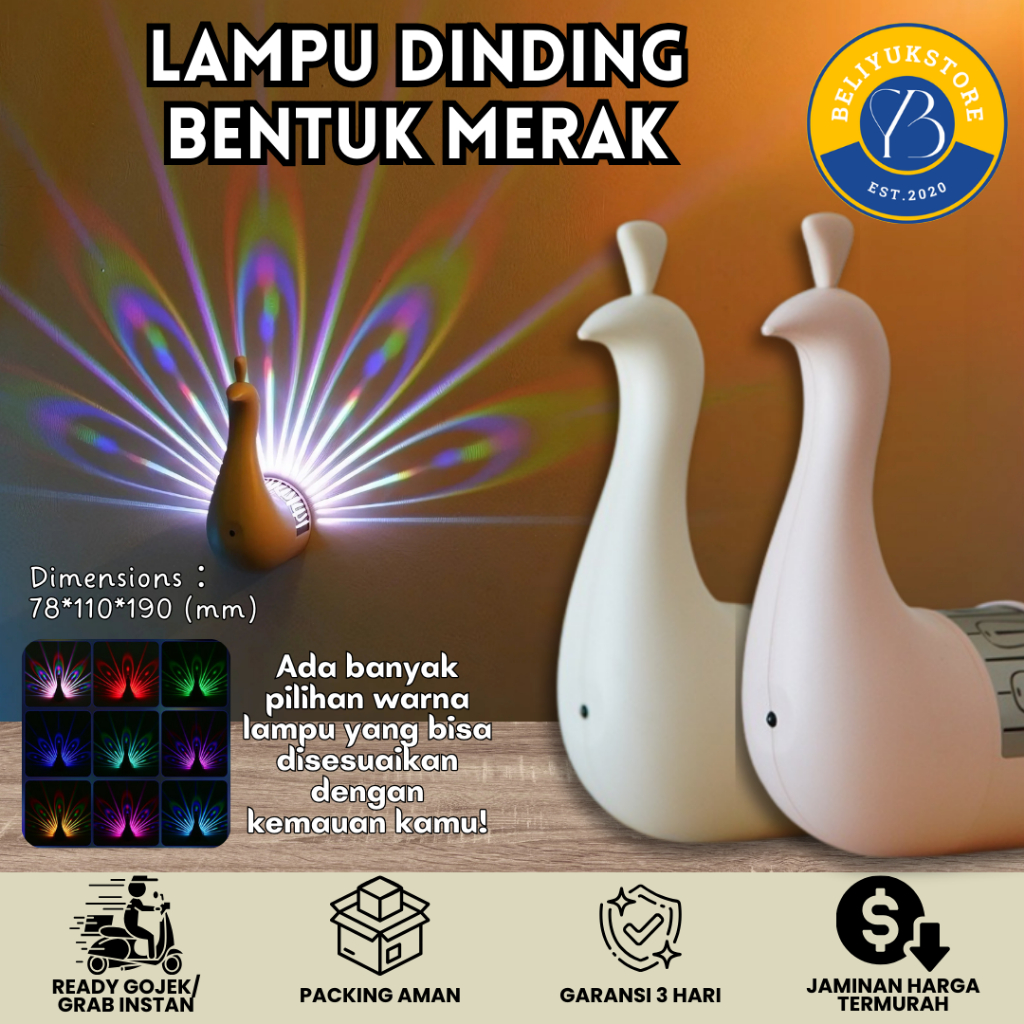Lampu Dinding Burung Merak 3D / Night Light Peacock 3D LED Multi Color / Lampu Dinding Burung Merak