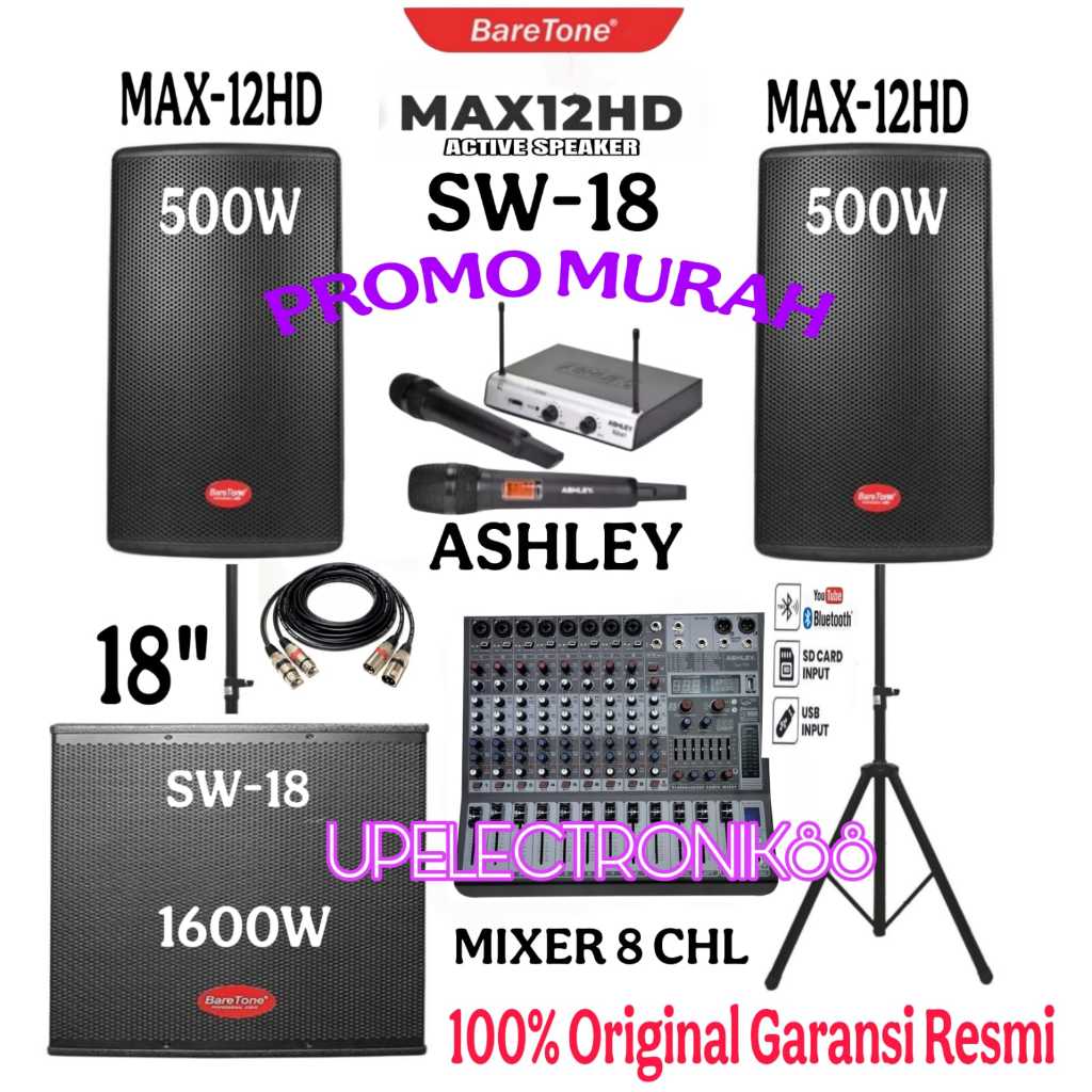 Promo Paket Sound System Speaker Aktif 12 Inch Baretone MAX12HD+Subwoofer Baretone 18 Inch+Mixer Ash