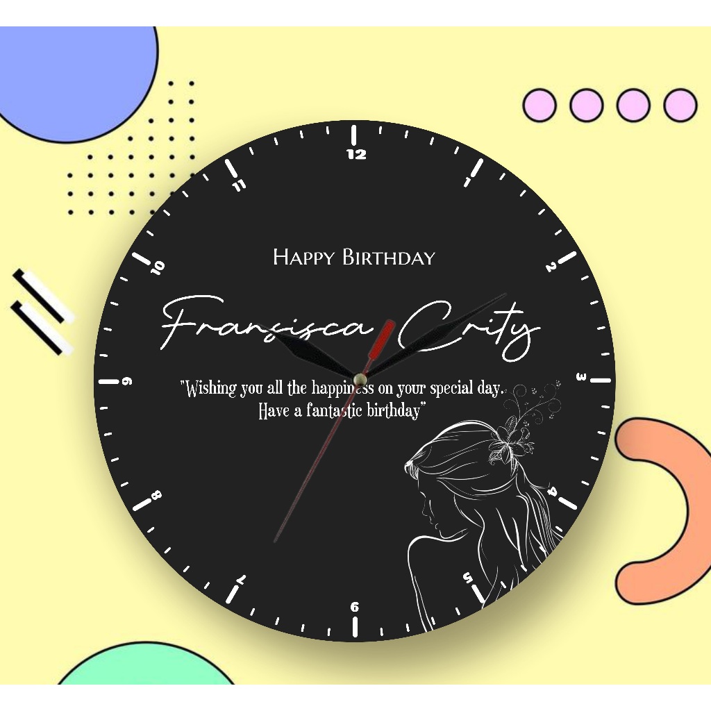 JAM DINDING KAYU CUSTOM NAMA HAPPY BIRTHDAY
