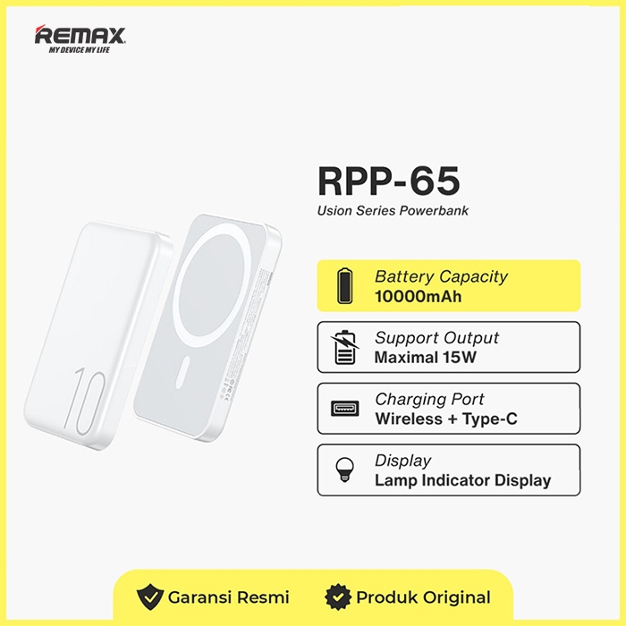 Powerbank Remax Power Bank Wireless 10000Mah 15W Usion Series RPP-65 Pasti Ori