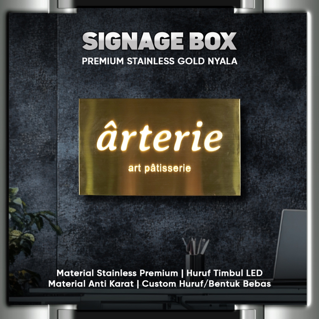 Neon Box Stainless Gold Dengan Huruf Timbul Akrilk Menyala Led Hiasan Dinding