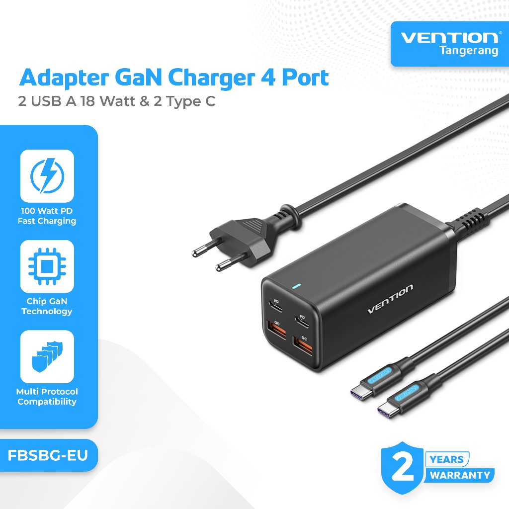 Vention Adapter GaN Charger 4 Port 2 USB A 18 Watt & 2 Type C 100 Watt PD Fast Charging For Handphon